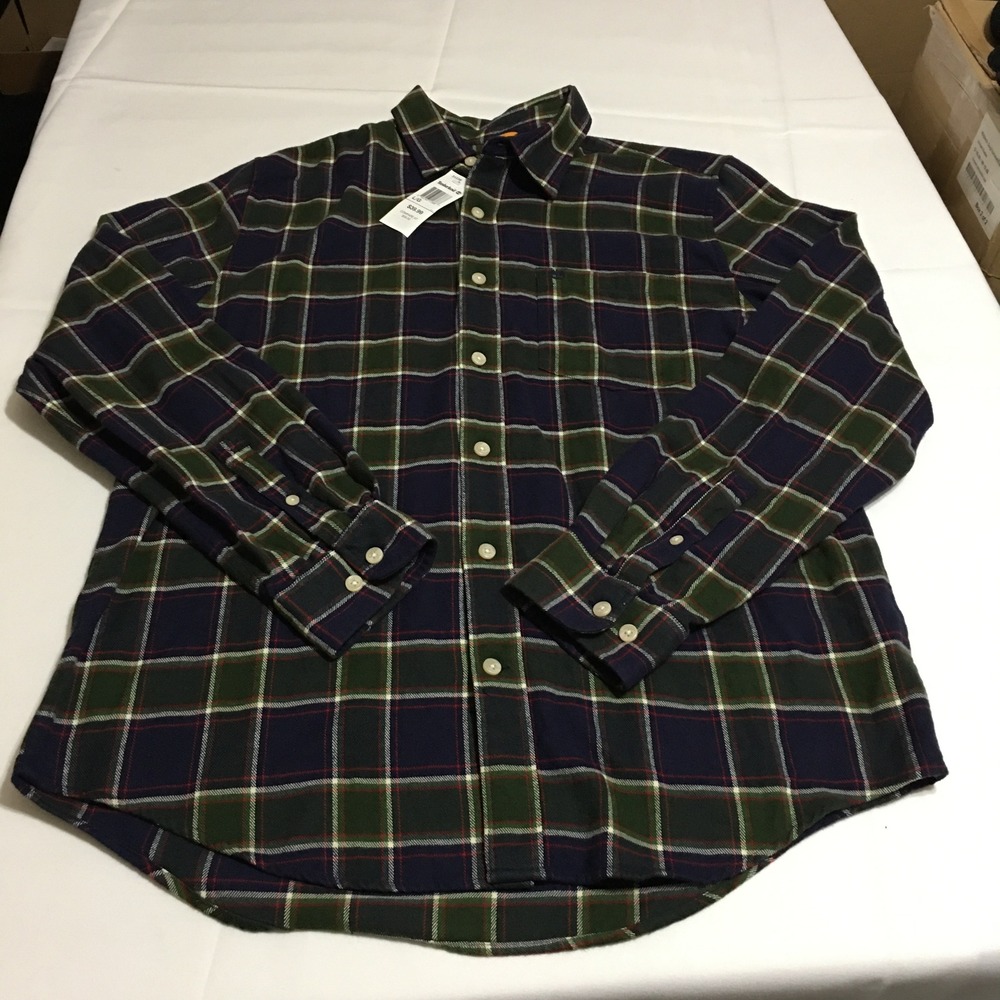 Timberland Long Sleeve Button Down Flannel Shirt Mens Large Navy Green Plaid NWT